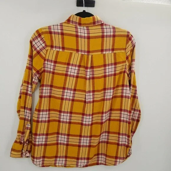 Old navy women medium plaid flannel button up shirt mustard yellow burgundy red - Picture 11 of 12